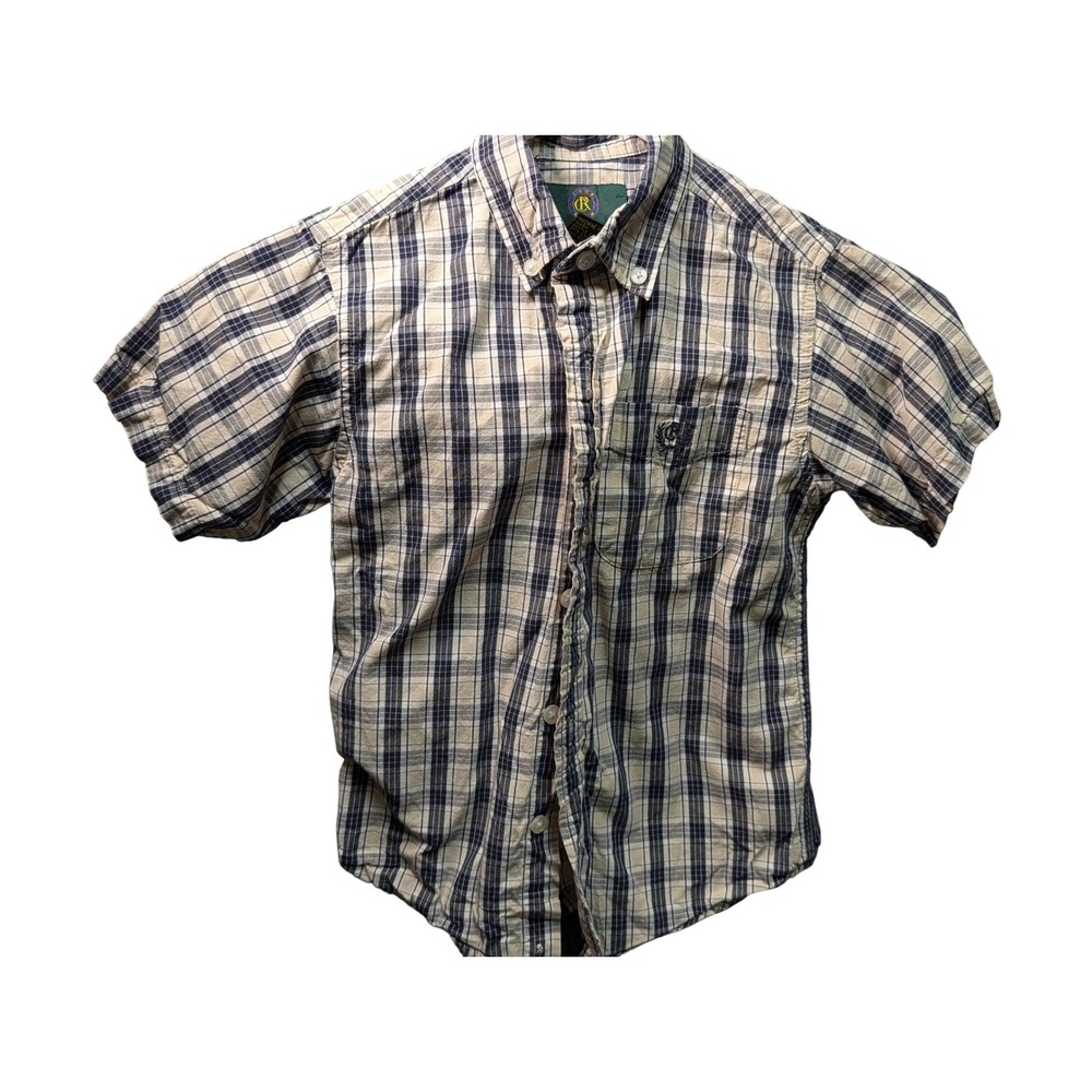 Club Room Plaid Button Down Shirt Kids Size 6 Navy Blue Excellent Short Sleeve